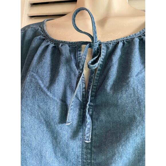 Levi's chambray‎ ruffle sleeved peasant tie neck blouse L Blue retro boho whimsy - Picture 2 of 6